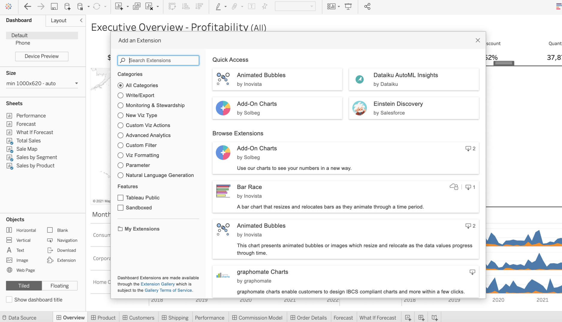 Uma janela na interface do Tableau exibindo a Galeria de extensões no produto. 