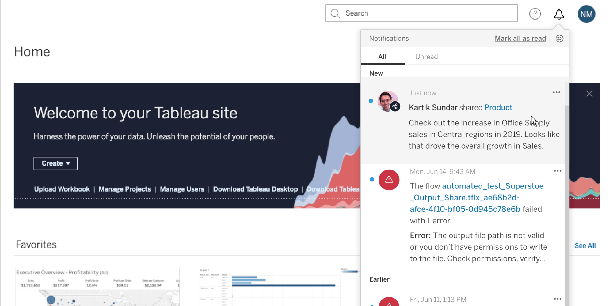 알림을 포함한 목록이 Tableau Server 또는 Online 인터페이스의 오른쪽 맨 위 모서리에서 확장됩니다.