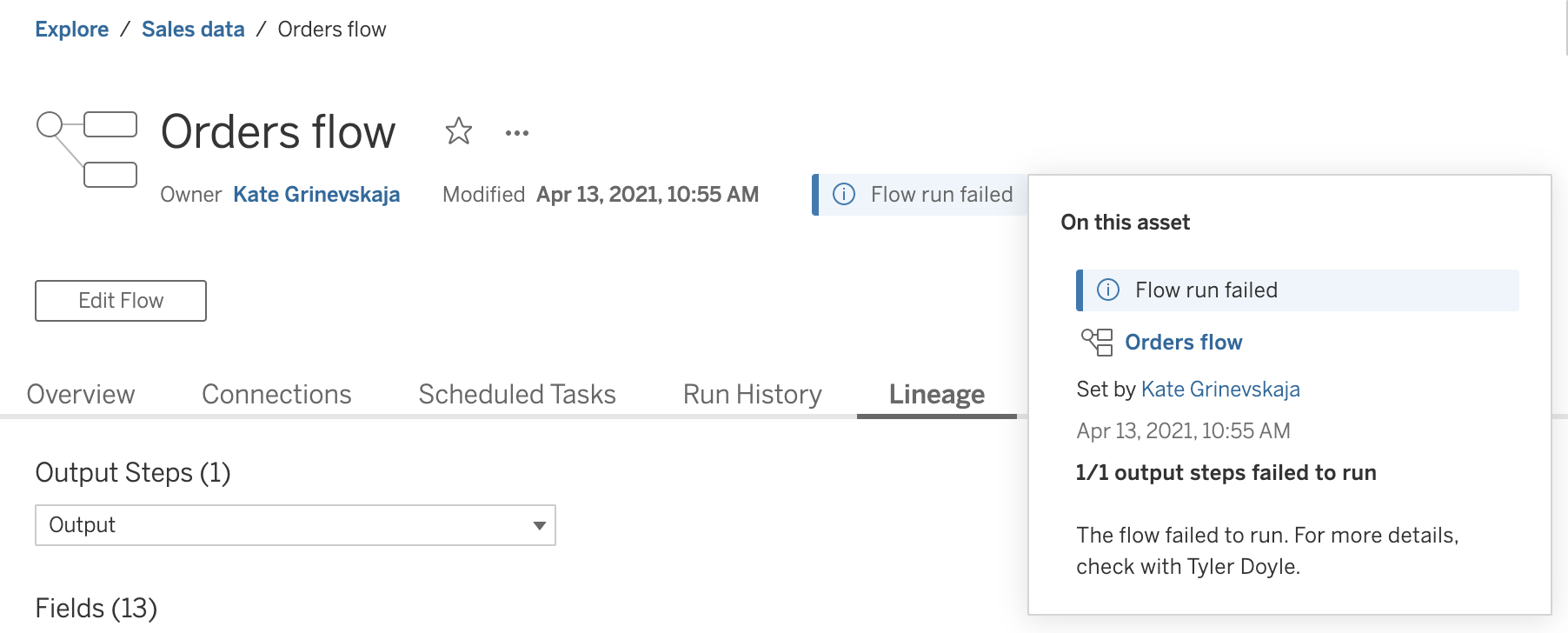 Tableau Catalog flow failure