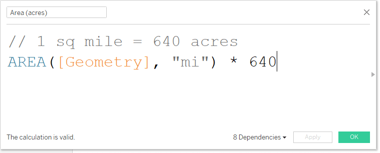 Tableau interface showing the calculation dialog with a calculated field for square mileage on a map using polygon geometry.