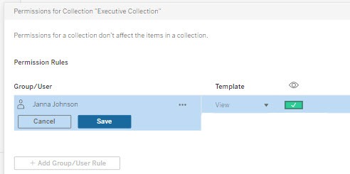 An image of the permissions dialog for a collection within Tableau, where a user is adding users or groups with permissions to view the particular collection