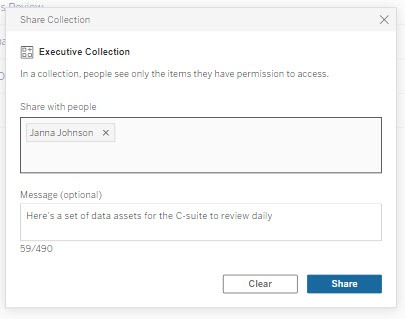 An image of the sharing dialog for collections in Tableau, where a user is designating people to share a collection with, which will send an email message to notify them