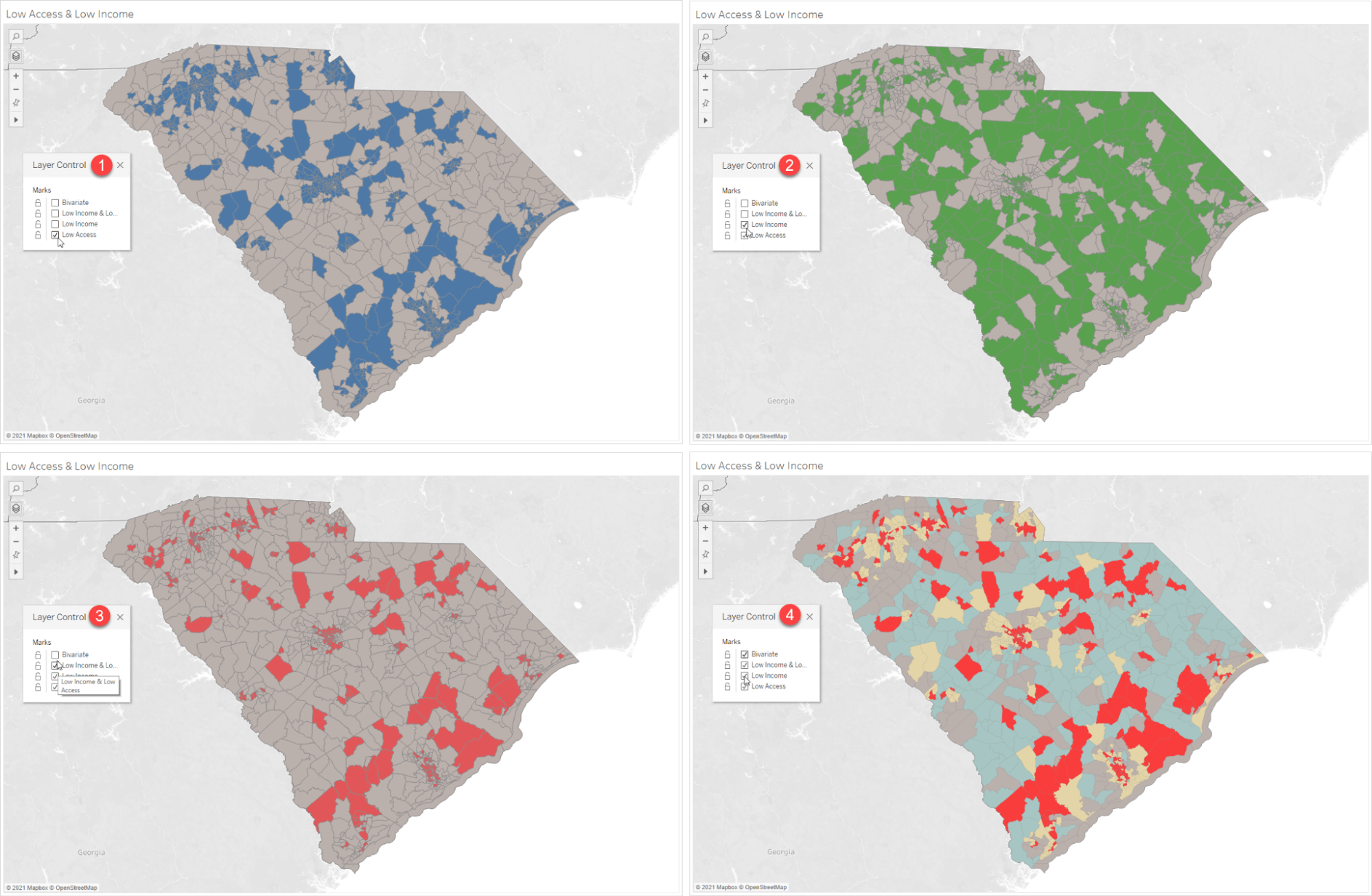 Four Tableau visualizations, each a map of South Carolina but displaying different demographic information related to food access and income, demonstrating a viewer's ability to use map layer control to choose which layers of data to see in the map.