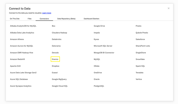 Tableau Online interface displaying a large list of connectors with Dremio highlighted.