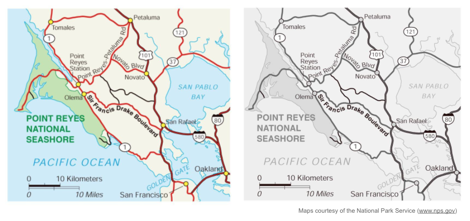 Side by side view of maps of Point Reyes National Seashore north of San Francisco, one in color, the other in shades of grey