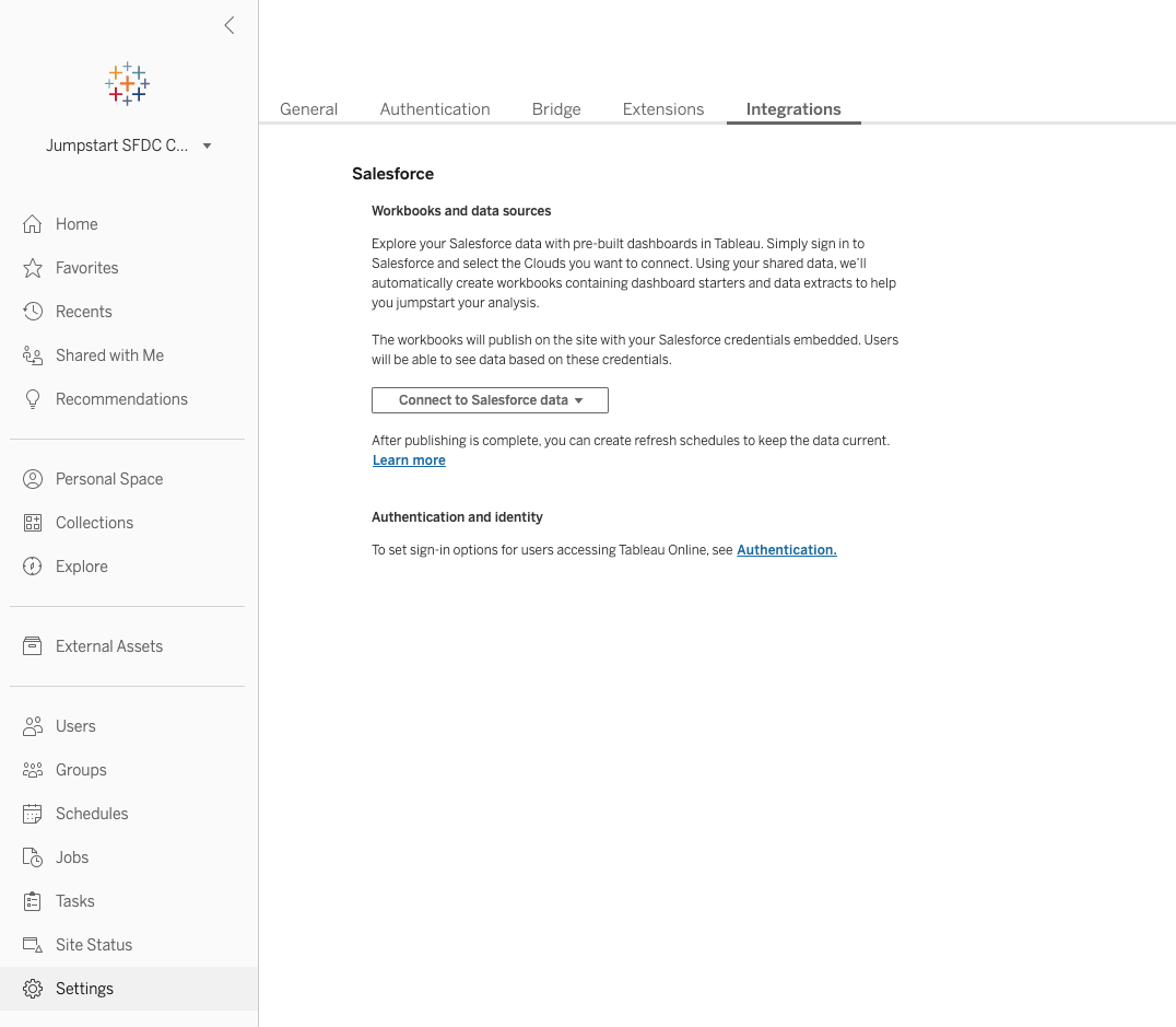 An image of the Tableau Online interface, showing the Integrations tab in the Settings menu, with the new button to Connect to Salesforce data and populate starter workbooks