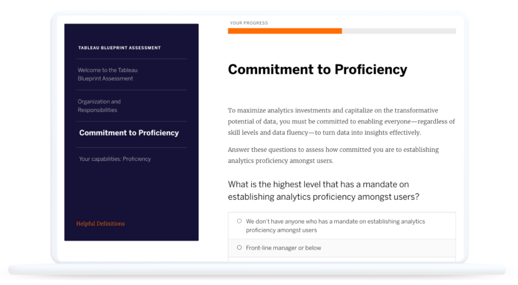 Tableau Blueprint Assessment screen showing progress bar and the Commitment to Proficiency section, asking What is the highest level that has a mandate on establishing analytics proficiency amongst users?