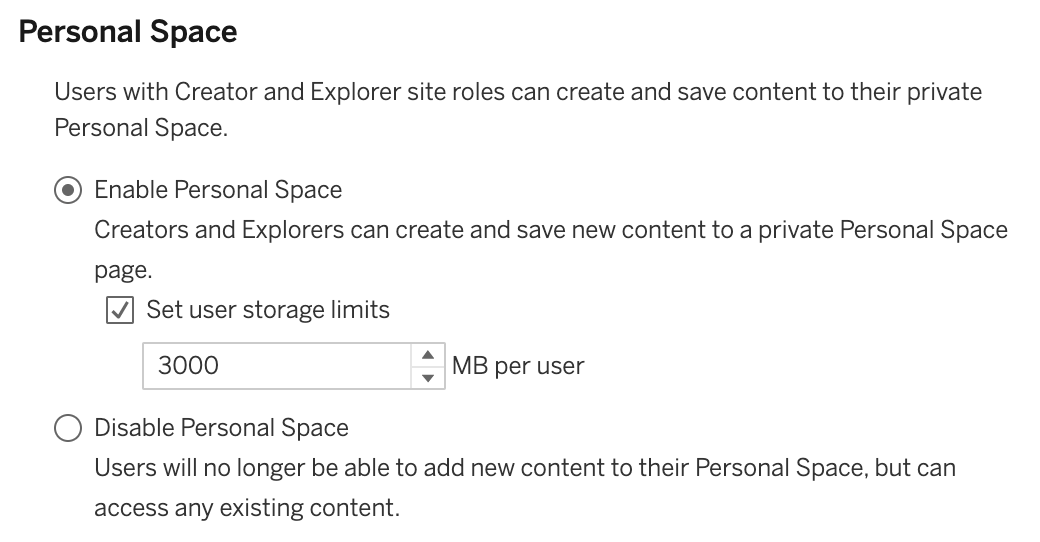 Screenshot of Personal Space "General Settings," in which the user can enable or disable Personal Space and set user storage limits.