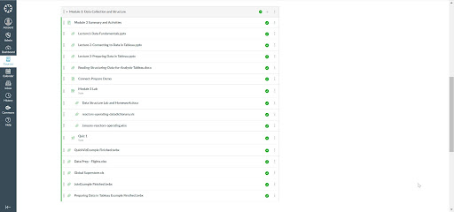 Instructor view in Canvas dialing into Module 3: Data Collection and Structure. Module content includes summary and activities, lectures, readings, demos, labs, quizzes, and data files.