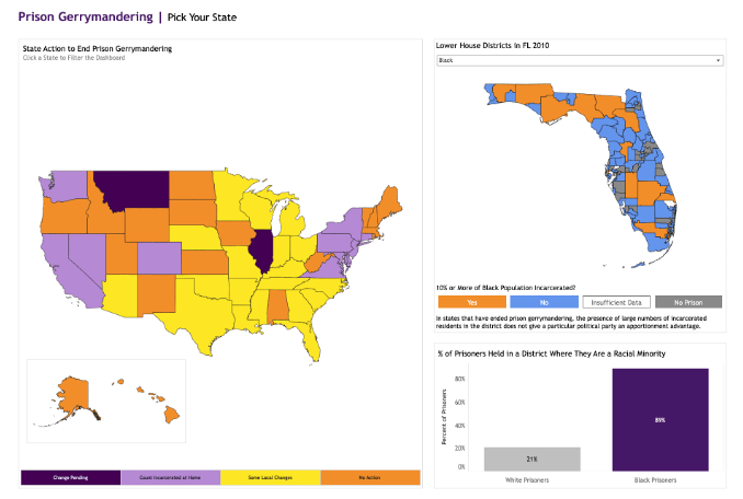 The dashboard shows how mass incarceration shaped political representation from 2011-2021.