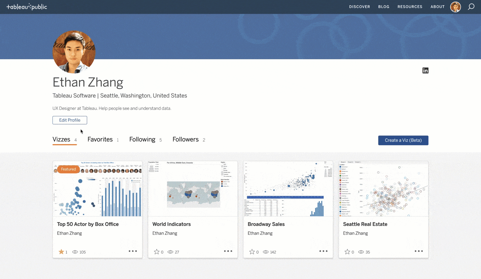 Sequence of Tableau Public author enabling the Hire Me button by clicking “edit profile” and checking “available for hire”