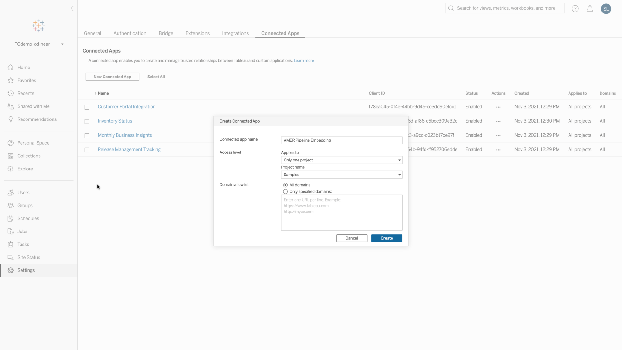 A dialog box in the Tableau interface for creating a connected app experience, plus in the background is a list of existing connected apps