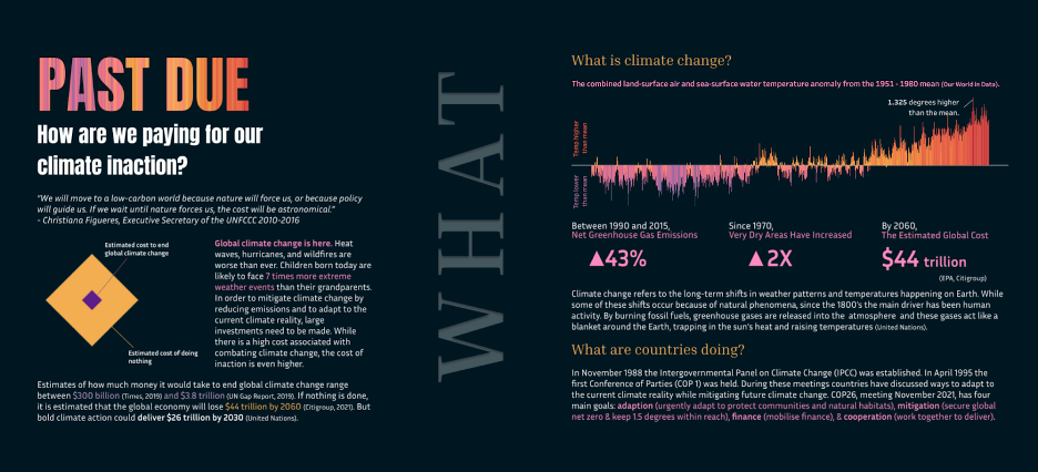 “Past due: How are we paying for our climate inaction?” data viz highlighting estimated cost to end climate change vs. estimated cost of doing nothing 