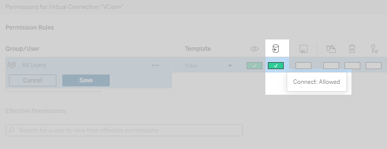 Tableau Server permissions interface, highlighting the permissions that allow users to connect to a virtual connection.