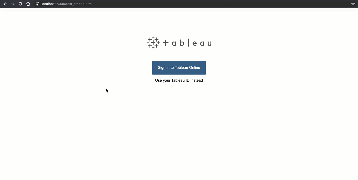 An animated GIF showing an end user clicking to log in to Tableau Online, but getting a popup window while the program authenticates the user, before finally arriving at a Tableau visualization.