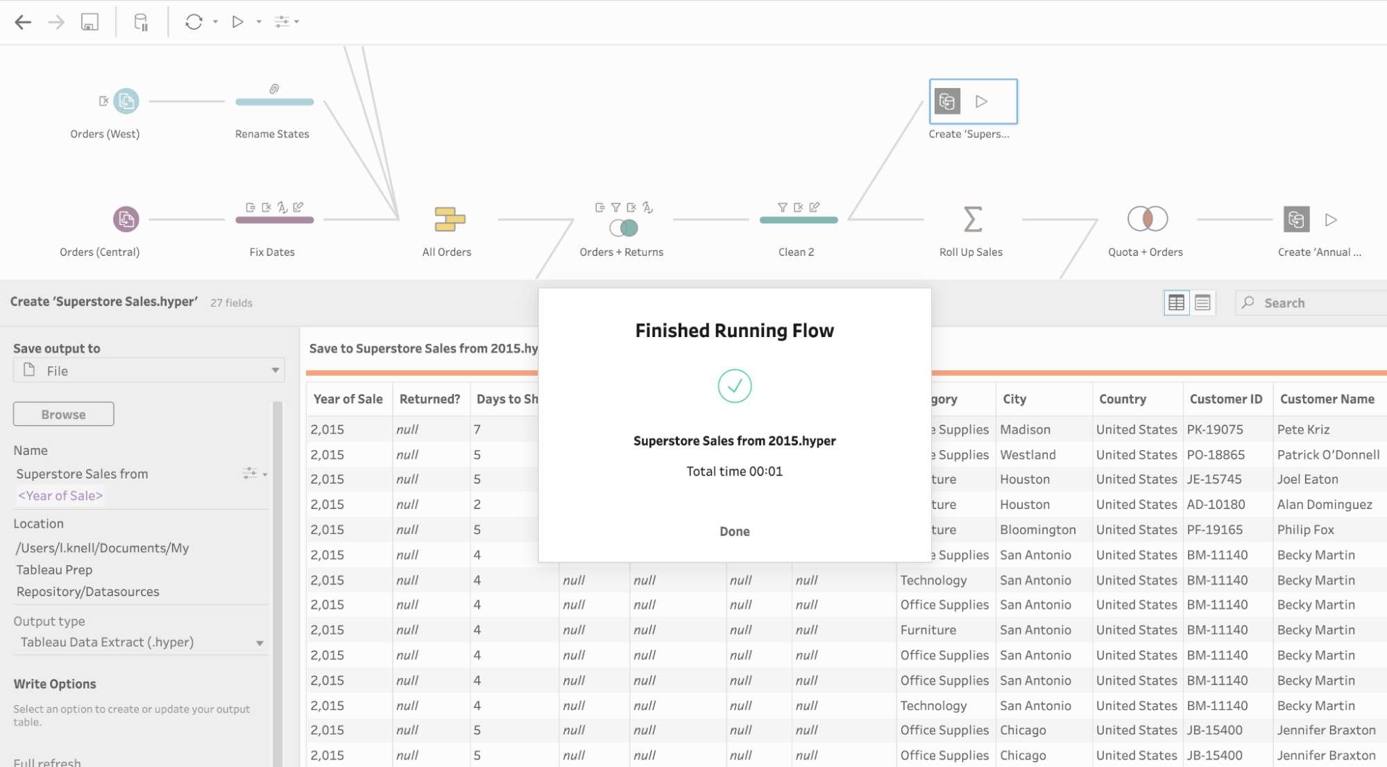 The Tableau Prep Builder interface with a dialog box confirming the flow has finished running, displaying the filename that ends in 2015, which was determined by the parameter used in the prep flow output step.