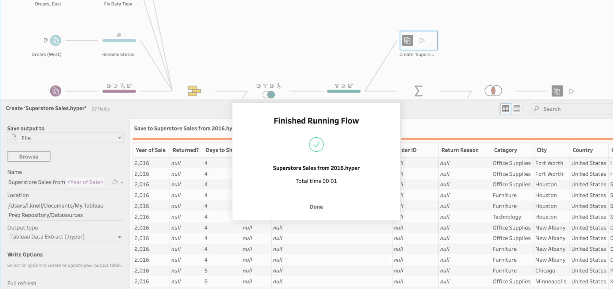 The Tableau Prep Builder interface with a dialog box confirming the flow has finished running, displaying the filename that ends in 2016, which was determined by the parameter used in the prep flow output step.