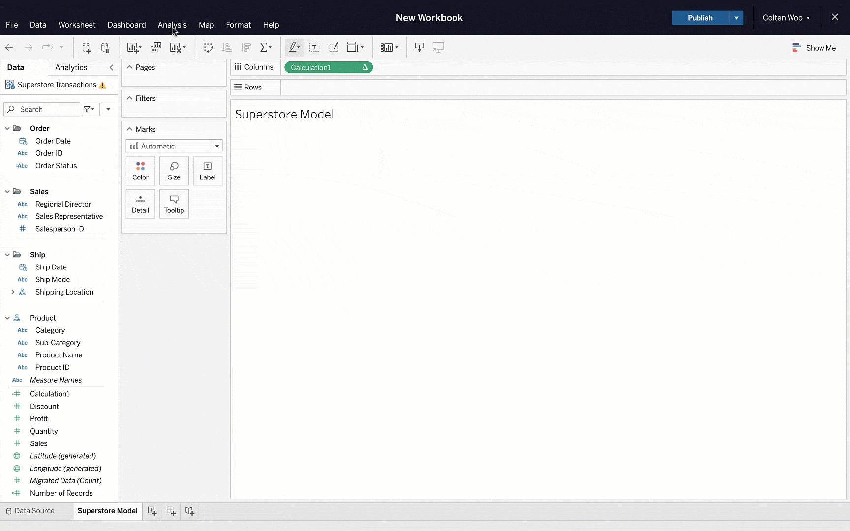 Animated GIF showing the Tableau calculation interface where a user is employing the Model Evaluation Function.