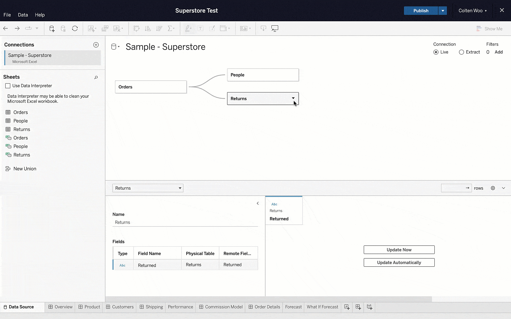 Animated GIF of the Tableau interface where a user right-clicks one table in a data model and makes a selection to swap the root tables within the relationship.
