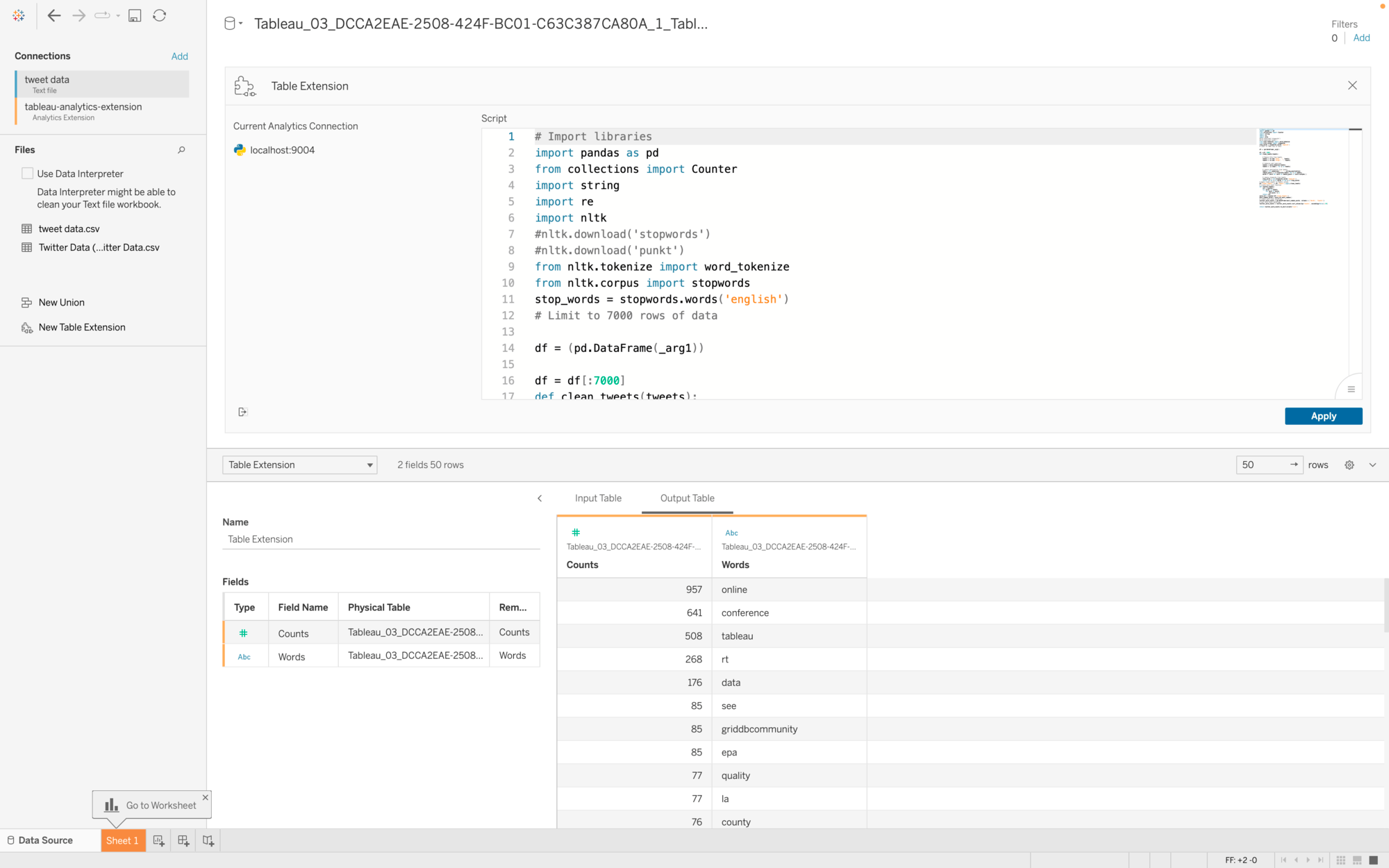 Tableau interface showing a user configuring a table extension with a custom Python script that will help transform data from Twitter to be analyzed in Tableau.