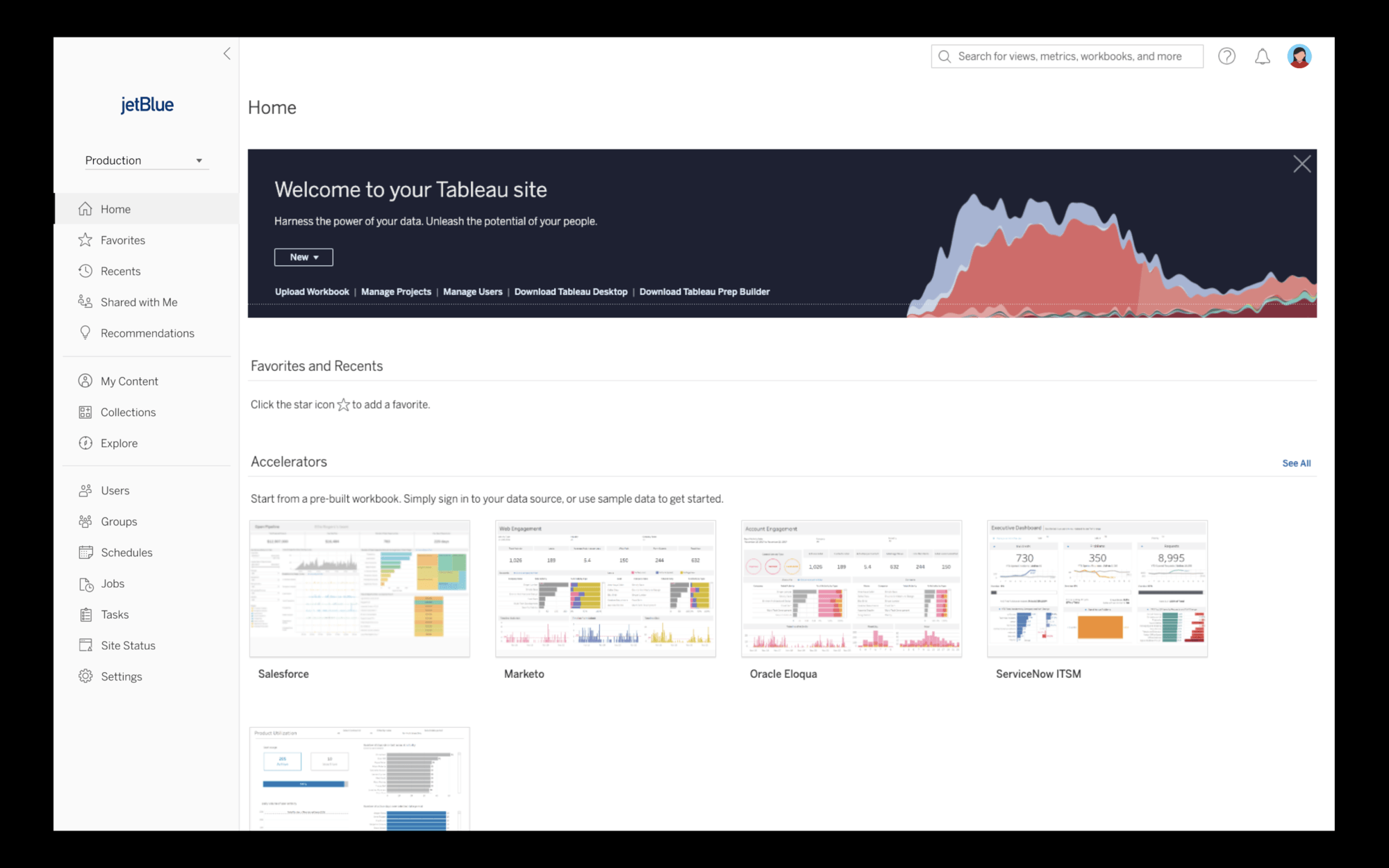 上部に赤の折れ線グラフが表示されている Tableau Cloud 製品のホームスクリーン