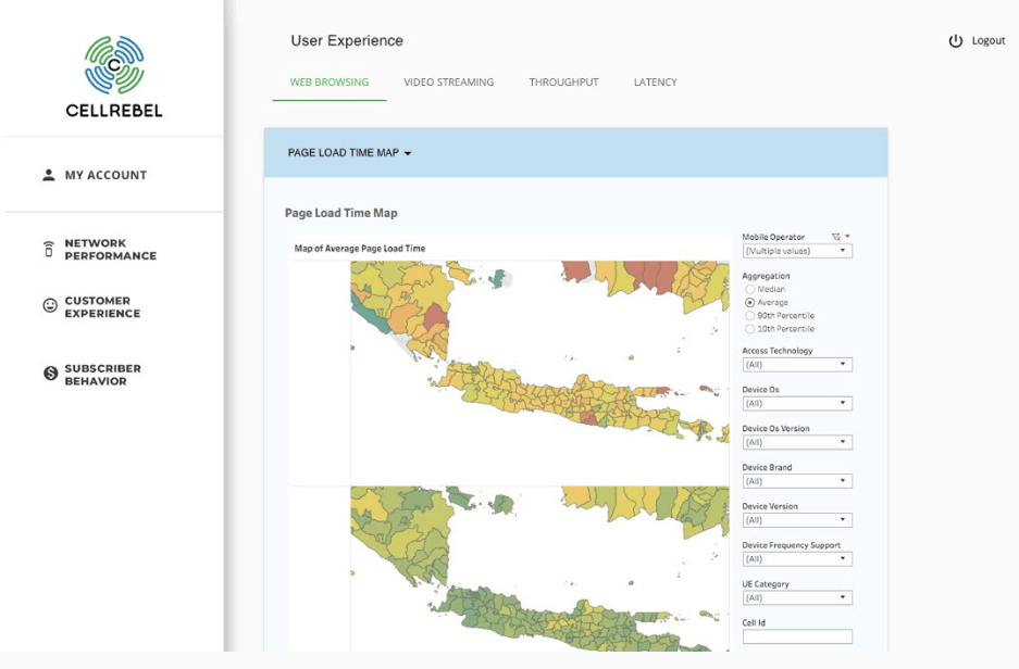 An interactive map displaying average page load times inside the CellRebel portal.