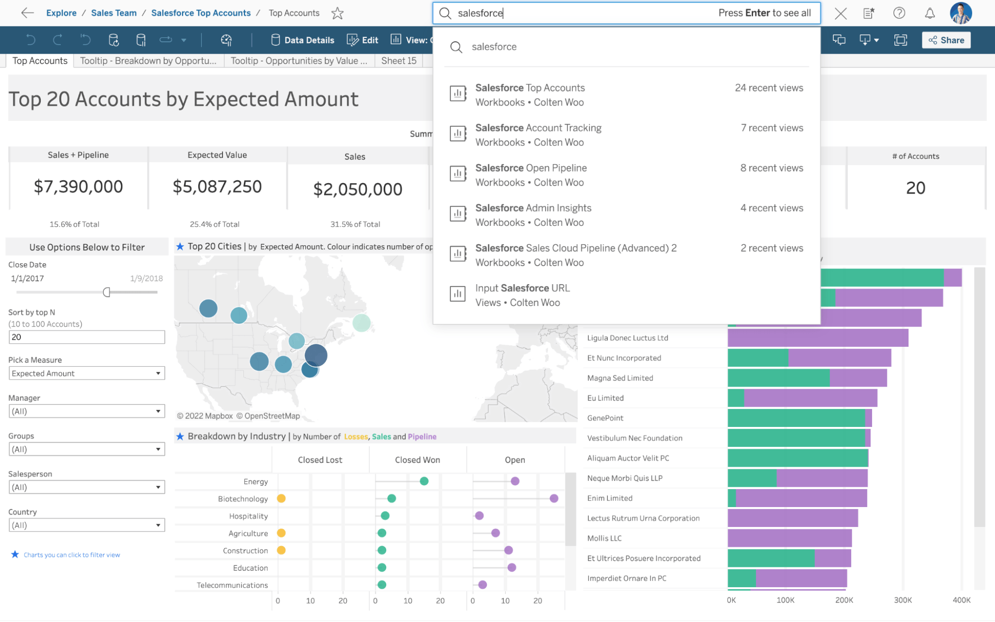 Interfaz de Tableau Cloud en la que se muestra el cuadro de búsqueda rápida en la parte superior con búsquedas anteriores y contenido sugerido.