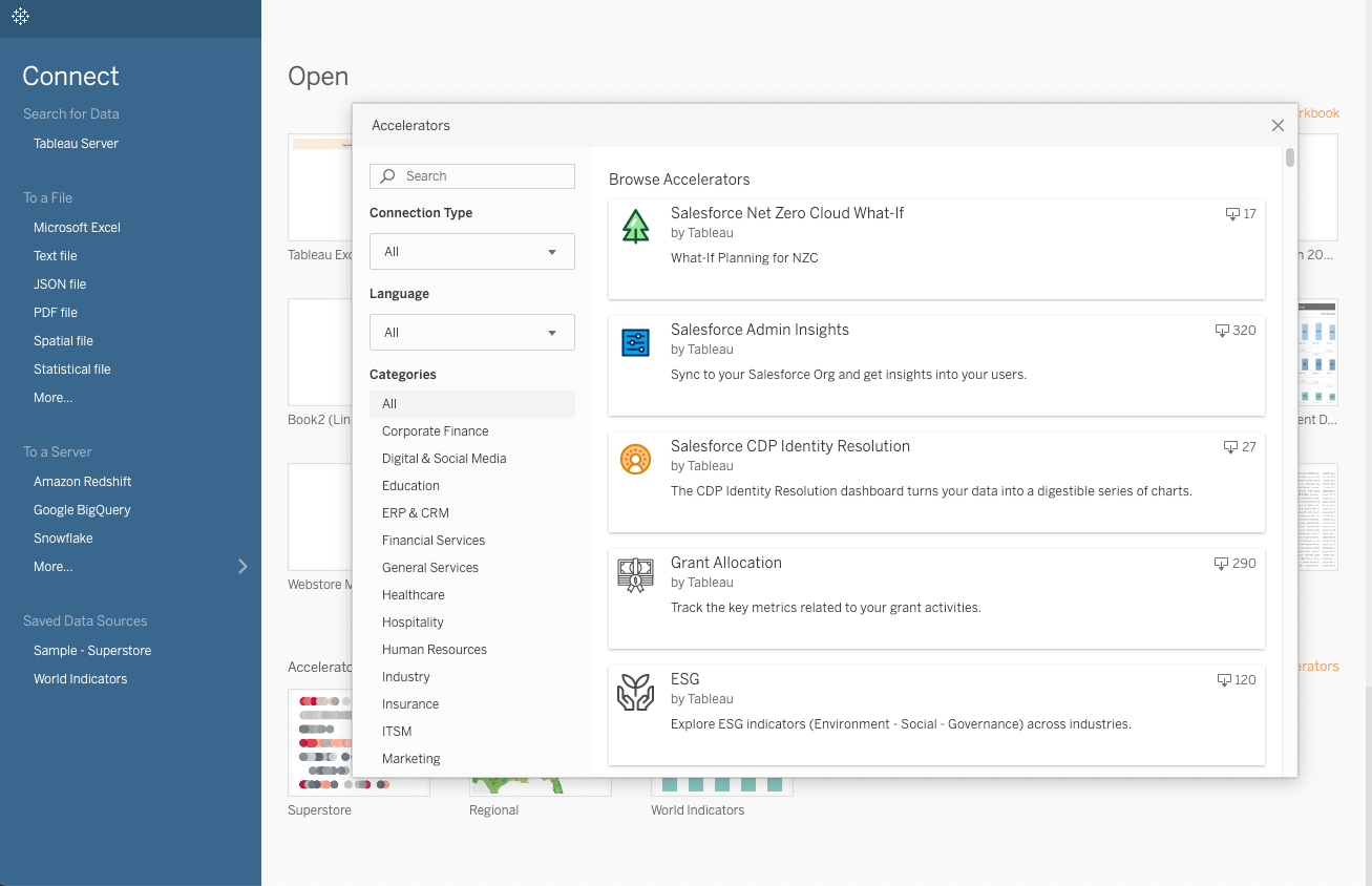 Tableau Desktop interface, showing the in-product Exchange where users can browse and launch Accelerators to jumpstart analysis.