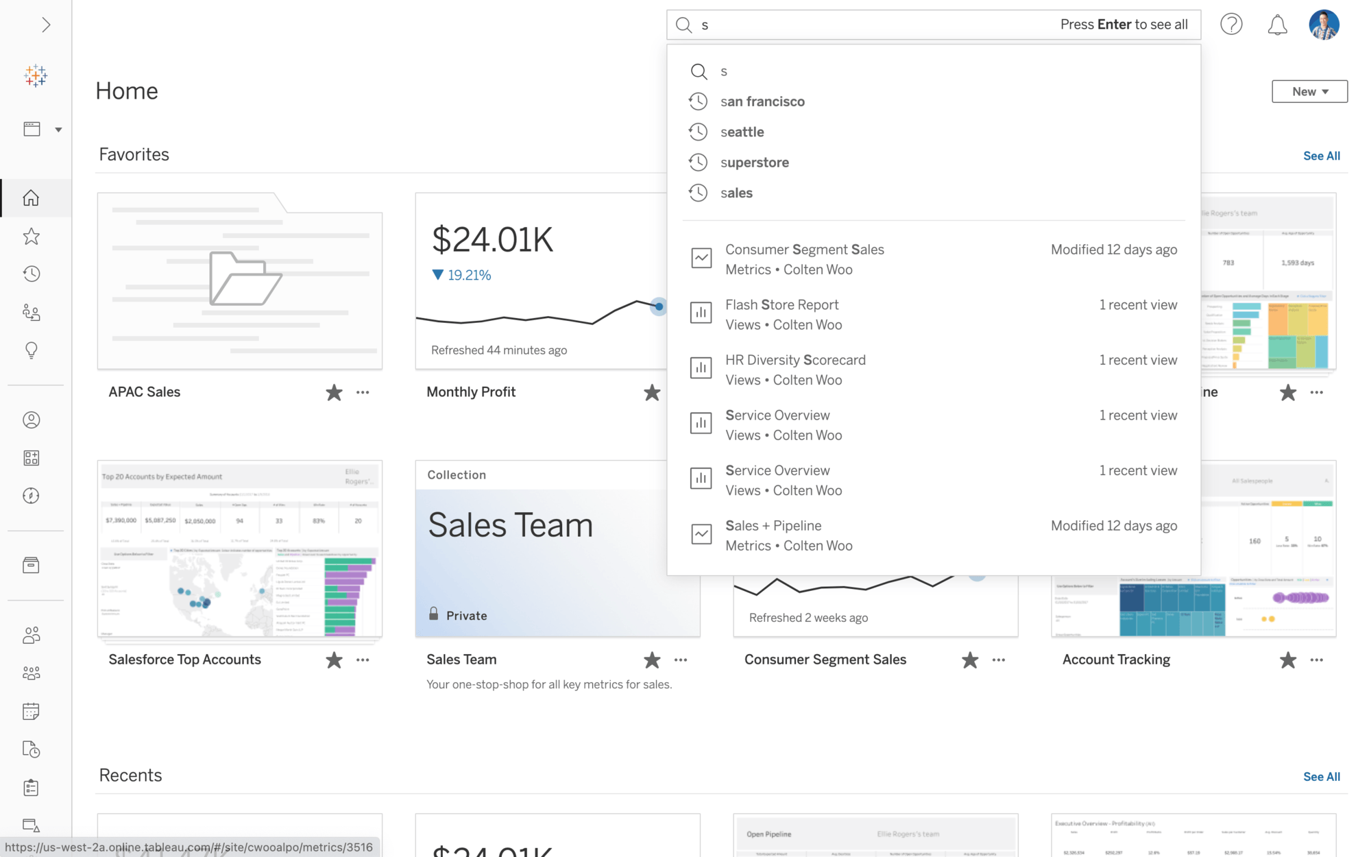  On the Home page of a Tableau Cloud site, a user has typed ‘s’ into the Quick Search bar, which now populates results with past queries at the top, followed by a mix of content types ordered by relevance.