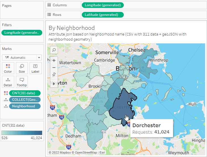 Tableau mapping of 311 requests in Boston by neighborhood with Dorchester selected (41,024 requests)