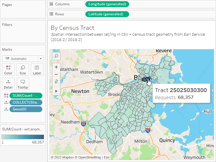 Tableau mapping of 311 requests in Boston by census tract with one tract showing 68,357 requests