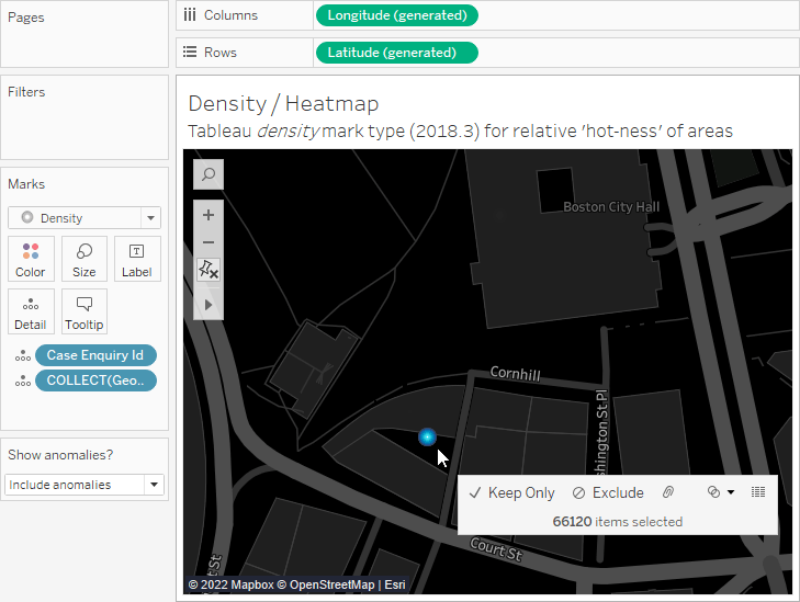 Tableau mapping of Density / Heatmap showing single blue hotspot and tooltip showing 66,120 items selected