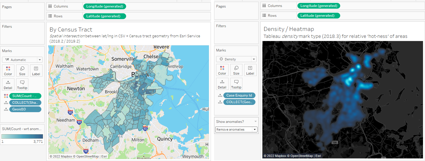 Side by side view of Tableau mapping of Boston, left by Census tract and right by density with blue heat map. 