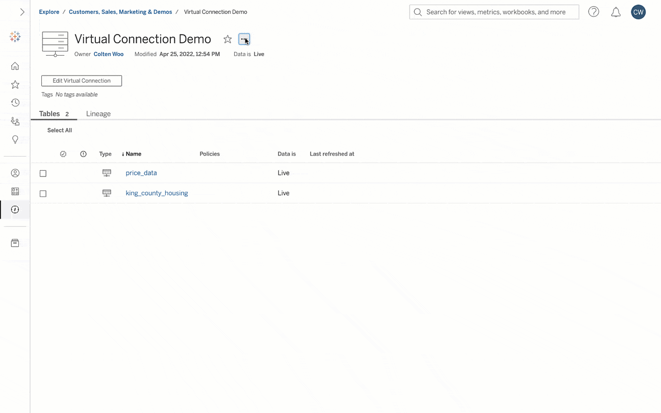 Animated GIF of Tableau virtual connections interface where an administrator is restoring a data policy to a former stage with the historical revisions feature.