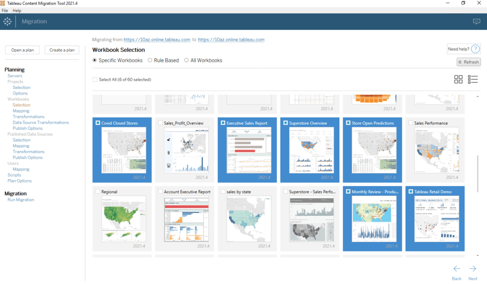 Tableau Cloud 界面，站点管理员在该界面中使用内容迁移工具选择要复制或移动的多个工作簿。