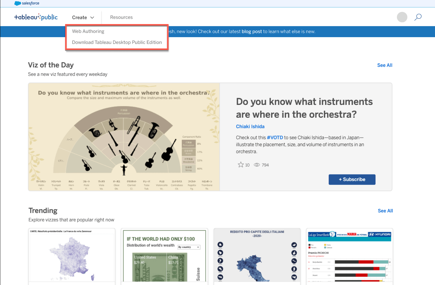 Tableau Public の [作成] タブ