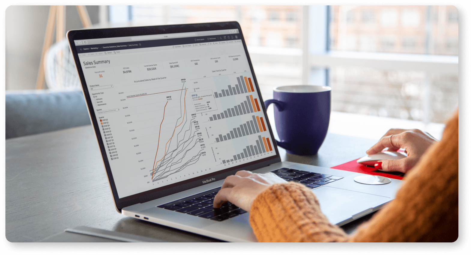 Dirigente aziendale che interagisce con la dashboard esecutiva di Tableau