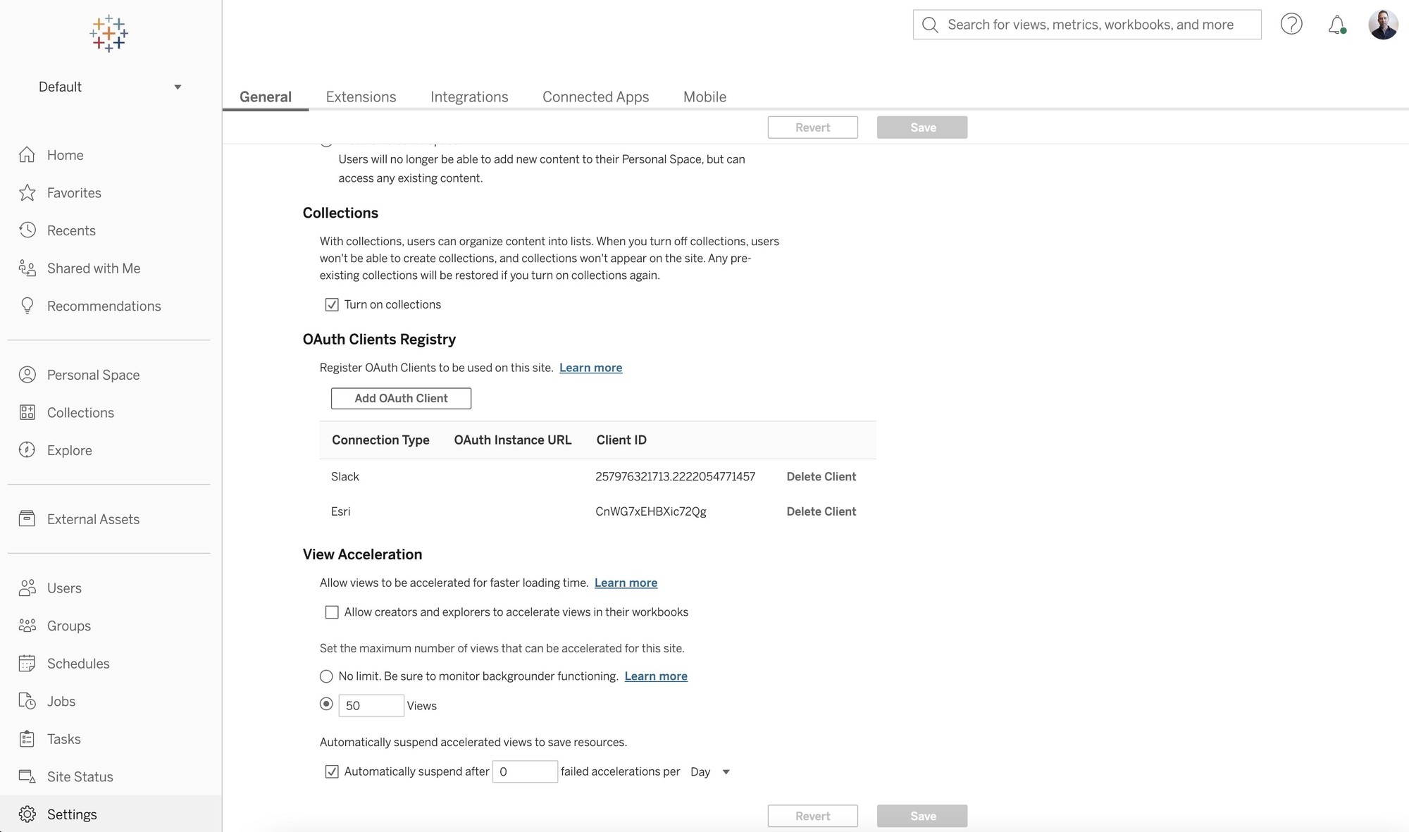 Image of site settings for Collections