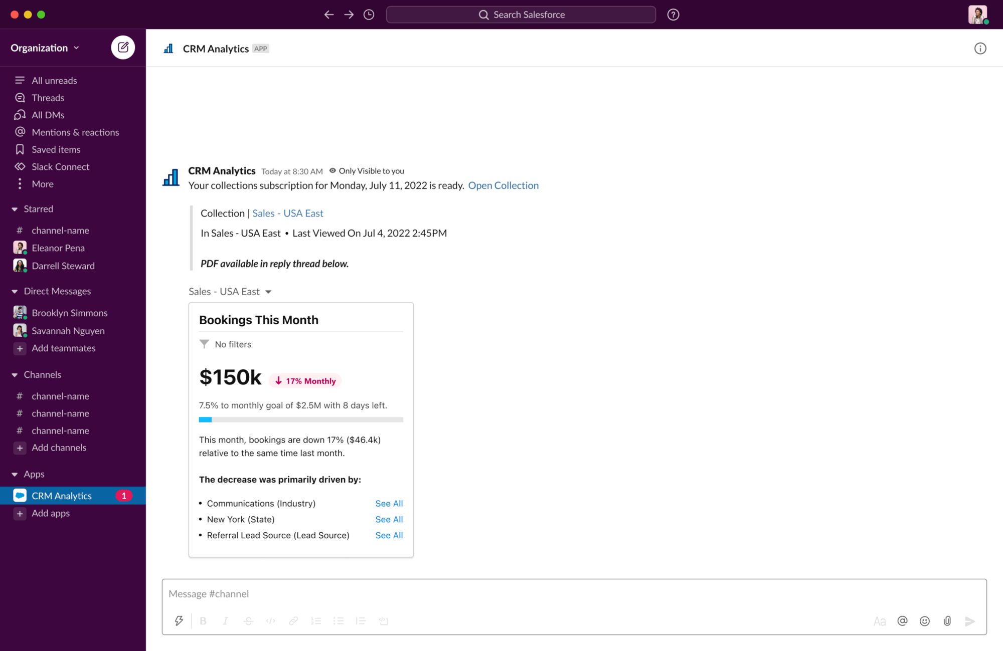 Screenshot of the Slack app with a purple menu on the left with names of people, teams, channels, and apps, and large white conversation space on the right, showing $150,000 sales and 17 percent decrease, including causes