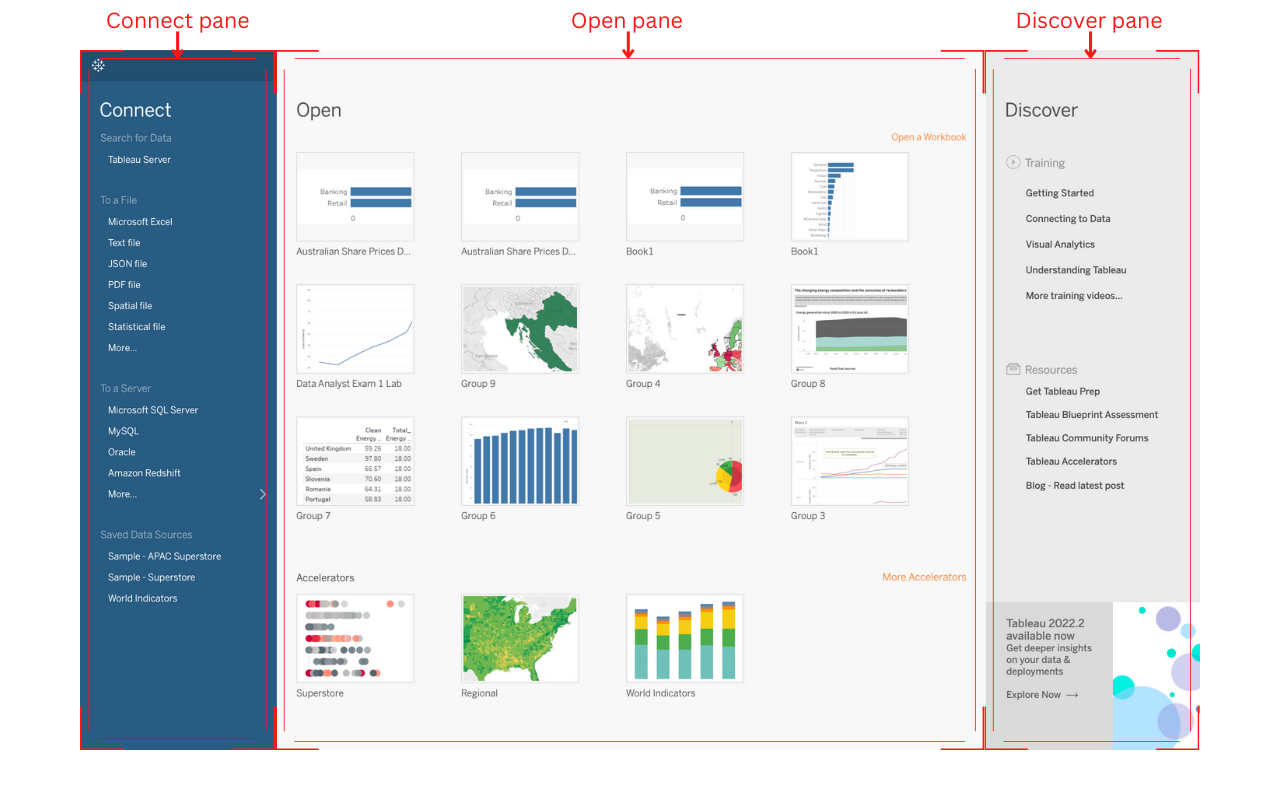 Start Page for Tableau Desktop version 2022.2.1. Image sourced from Tableau Student Ambassador Jason Khu’s The Tableau Desktop Workspace Interface Guide.