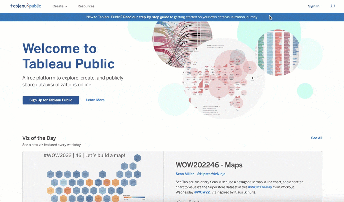 [ネットワークから] チャンネルを表示して、Tableau Public のビジュアライゼーションをお気に入りに追加する様子