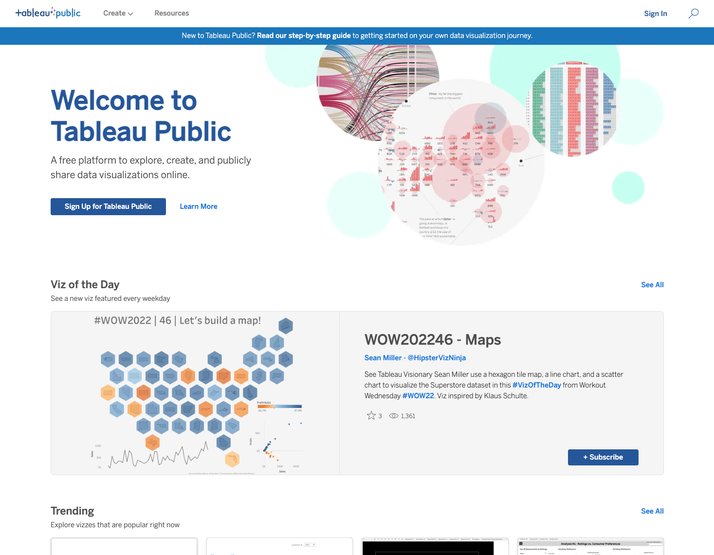 Page d’accueil de Tableau Public