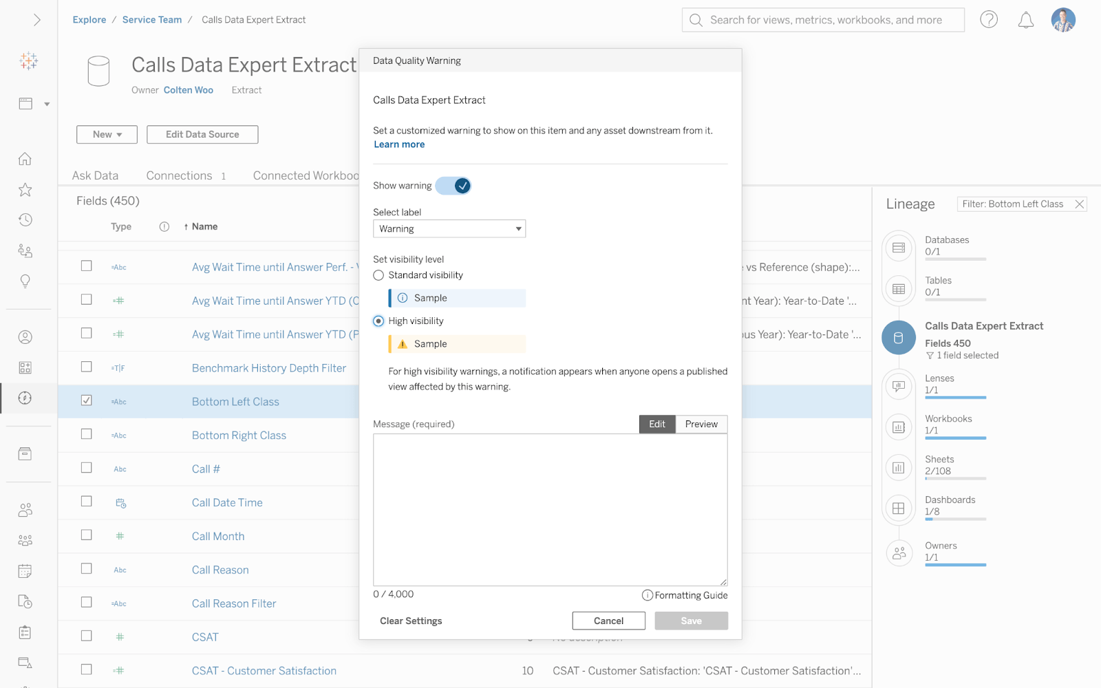 Image of a user setting up a Data Quality Warning in Tableau