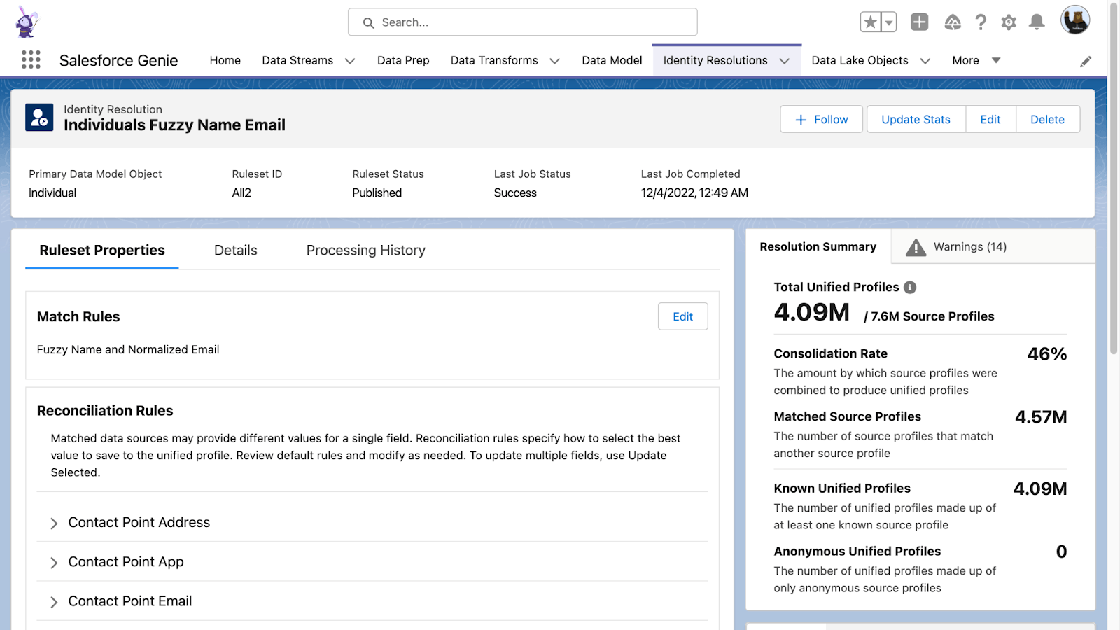 Identitätsbestimmung von Salesforce Genie mit Regelattributen, Abstimmungsregeln und Zusammenfassung der Bestimmung