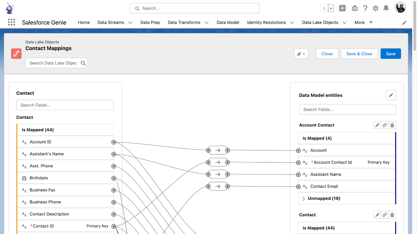 Kontaktmappningar för objekt i Salesforce Genie-datasjö