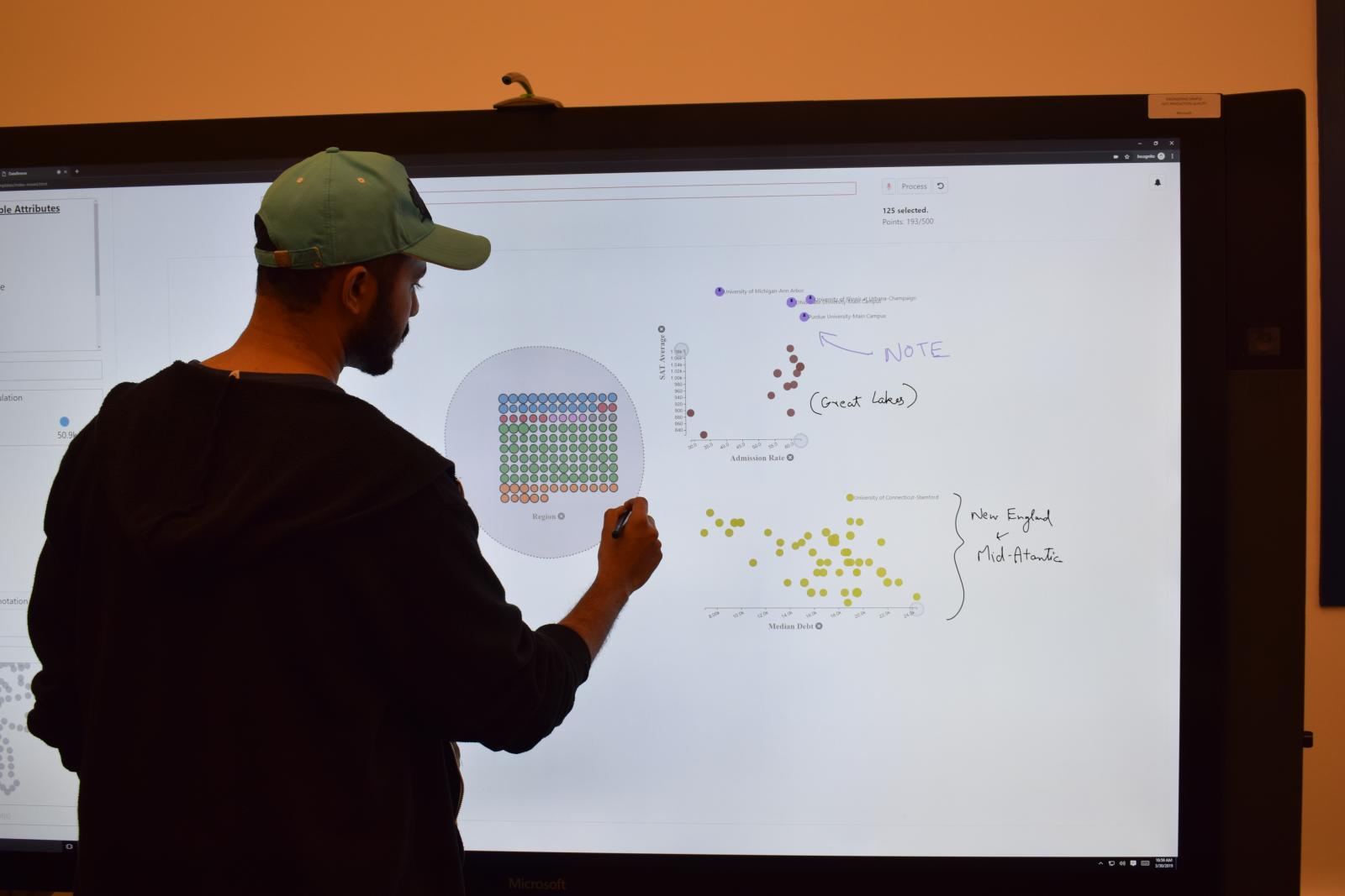 Interacting with DataBreeze on an 84” Microsoft Surface Hub with an external microphone placed on top of the display to record speech input.