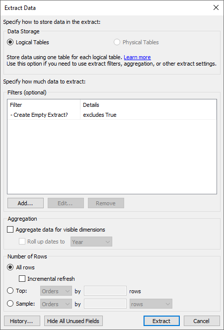 Image of an Extract Data window in Tableau with a filter labeled "Create Empty Extract?" that excludes "True"