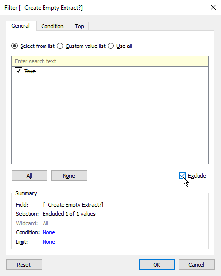 Image of a Tableau user clicking the checkbox next to "Exclude" to exclude the "True" value