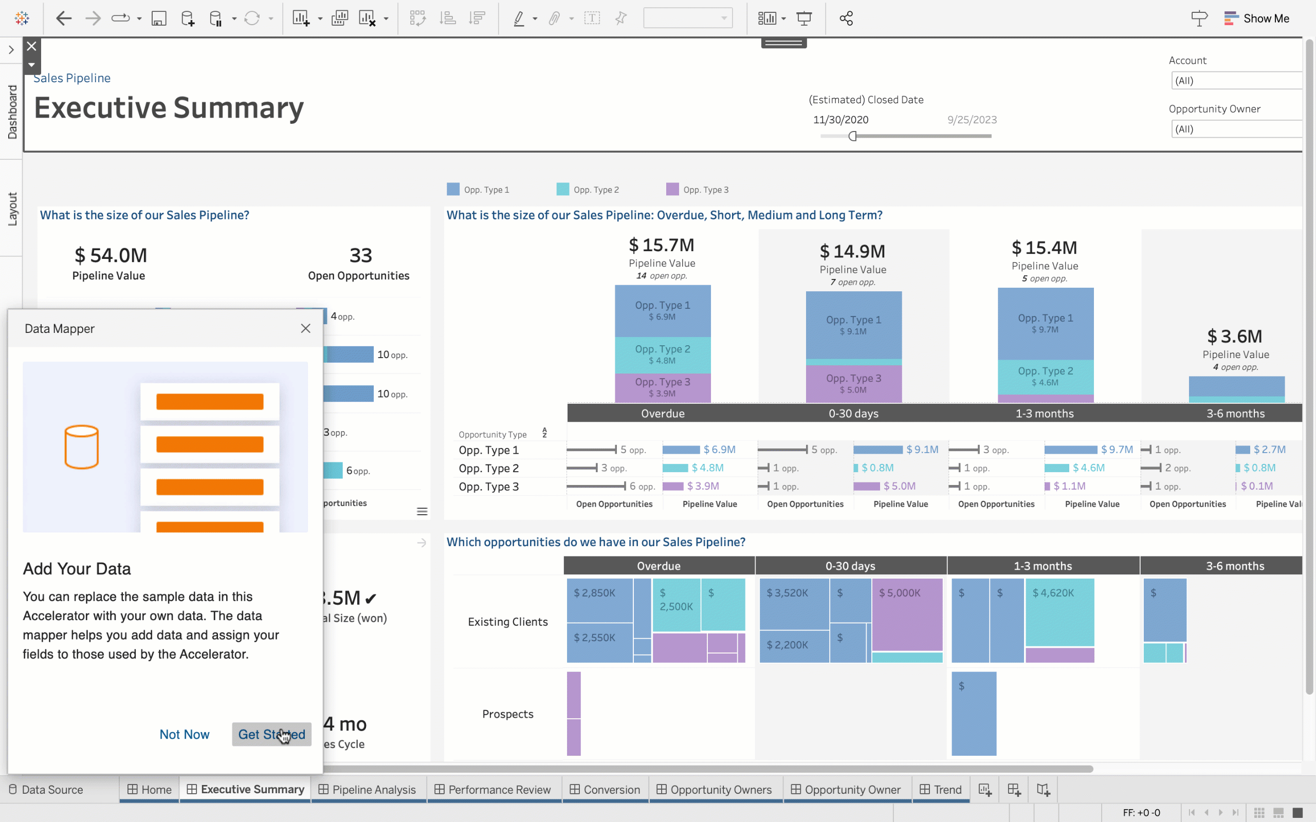 El usuario puede usar la asignación de datos para el acelerador de Tableau a fin de reemplazar los datos de muestra con sus propios datos