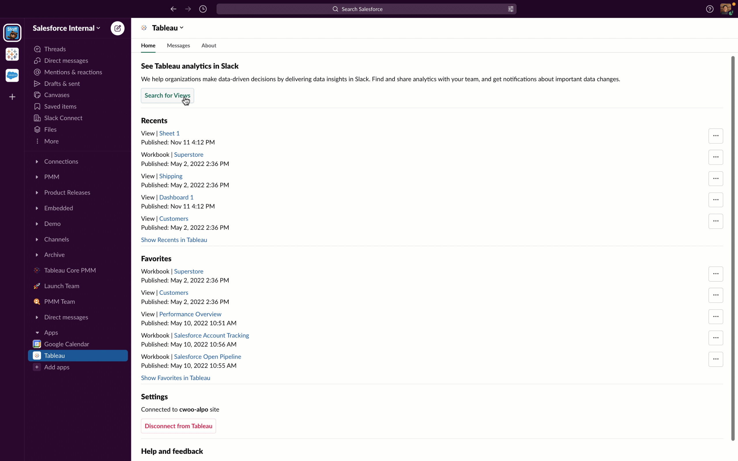 User searches for sales views in the Tableau workbooks in the Tableau for Slack App (purple bar to the left of a large white screen) and enters a name in search bar to share content